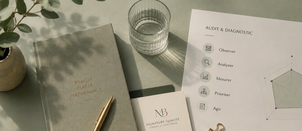 Papeterie Signature Qualité sur un plan vert d'eau : un carnet gravé « Analyse, clarté, performance », une carte de visite au monogramme MB, et une fiche intitulée « Audit & diagnostic » qui liste Observer, Analyser, Mesurer, Prioriser et Agir, à côté d'un graphique en radar à cinq branches.
