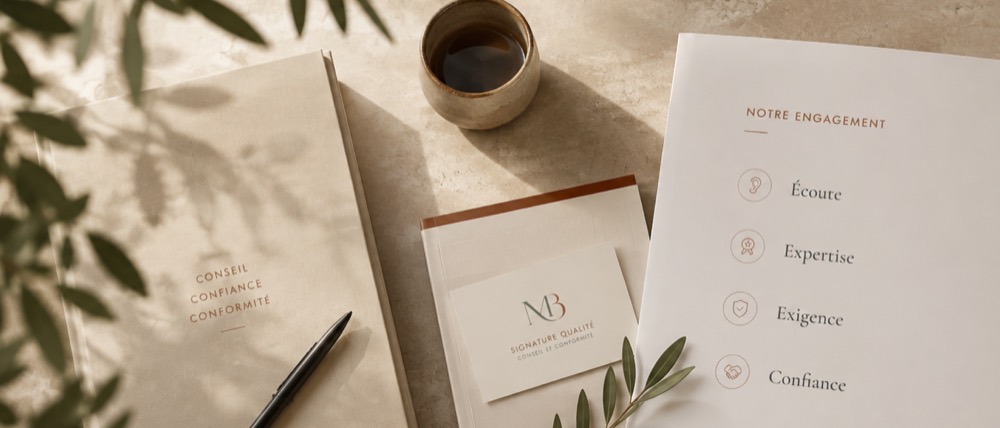 Papeterie Signature Qualité posée sur une table de pierre claire : un carnet gravé « Conseil, confiance, conformité », une carte de visite au monogramme MB, et une fiche intitulée « Notre engagement » qui liste Écoute, Expertise, Exigence et Confiance.