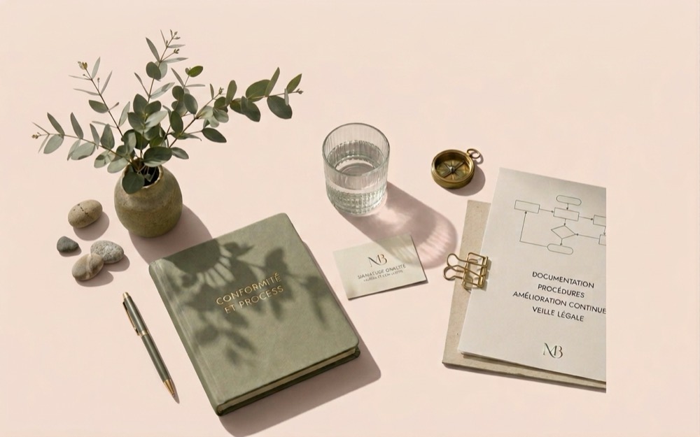 Papeterie Signature Qualité sur un fond rosé : un carnet gravé « Conformité et process », une boussole en laiton, et un dossier portant un logigramme au-dessus des mots Documentation, Procédures, Amélioration continue et Veille légale.